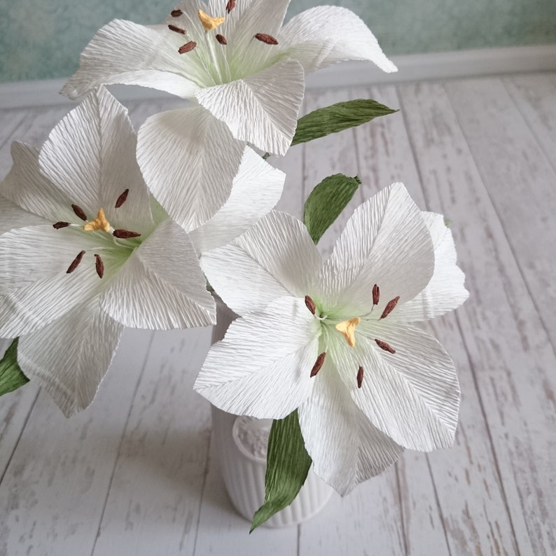 White paper lilies bouquet Fake lily blossom stem Bridesmaids Etsy