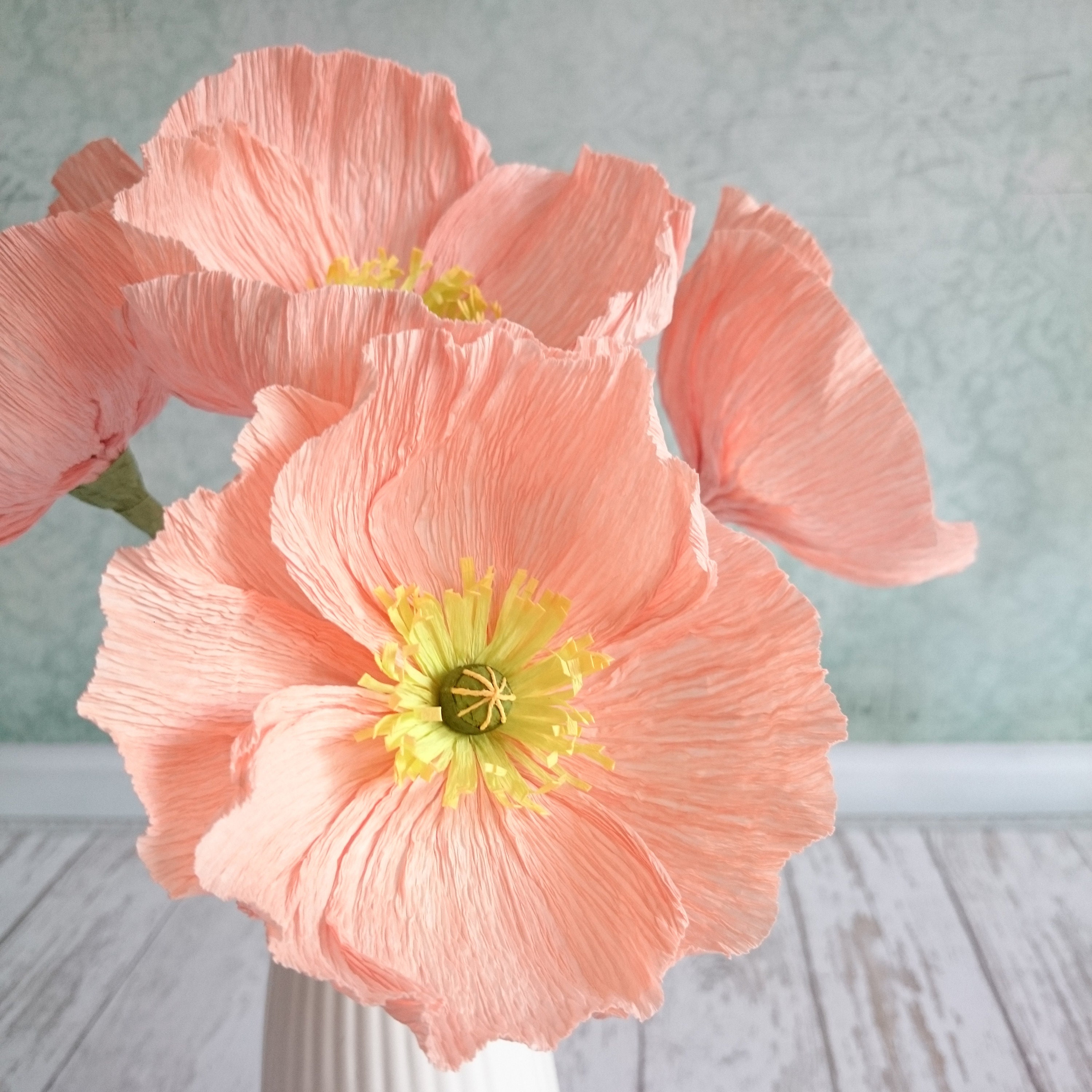 Coral paper poppies Paper flower stem Fake poppy bouquet Crepe Etsy