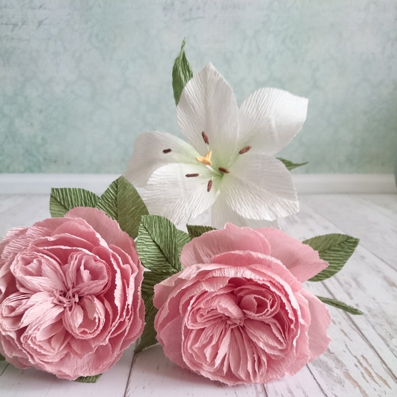 Fake Paper Flower Arrangement Artificial White Lilies Bouquet Etsy