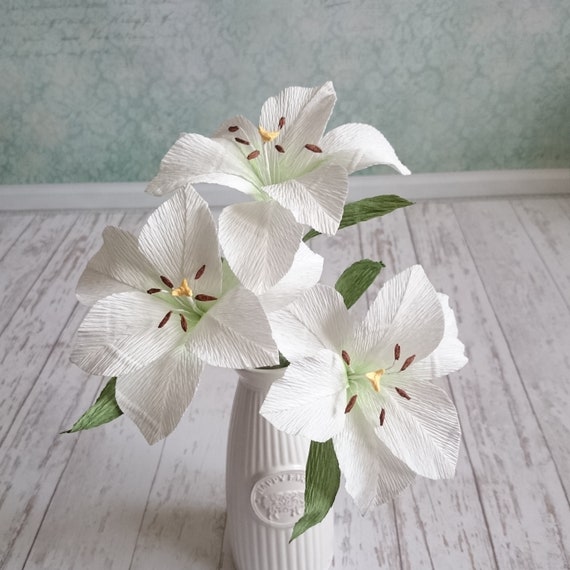 white paper lilies bouquet fake lily blossom stem bridesmaids etsy paper lily flower