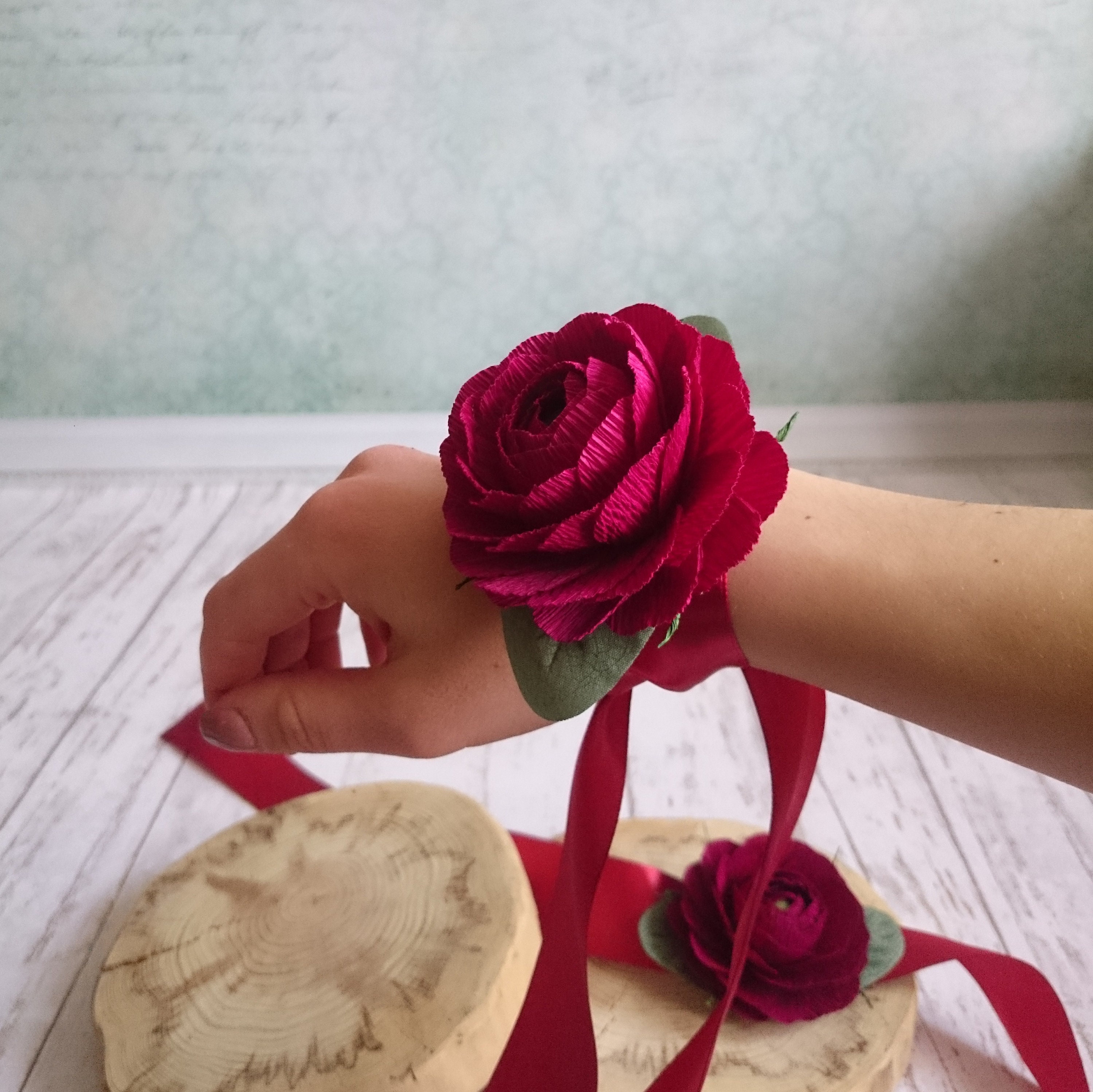 Paper flower Wrist Corsage Flower Paper ranunculus Bridesmaid Etsy