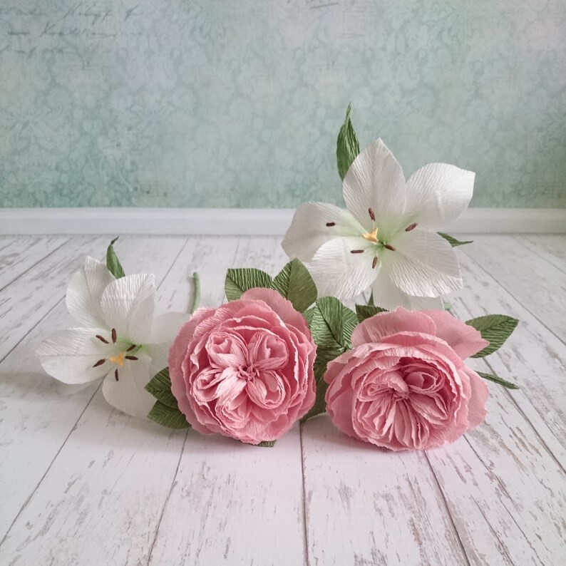 Fake Paper Flower Arrangement Artificial White Lilies Bouquet Etsy