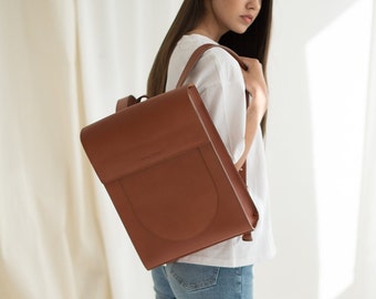 Brown leather backpack | Minimalistic leather handbag | Elegant backpack | Gift for office woman.