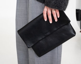 Black leather clutch | Small leather handbag | Mini leather bag | Minimalist hand pouch