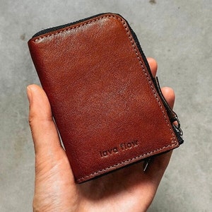 brown natural leather wallet with zipper, small leather for coins and cards, hand-crafted