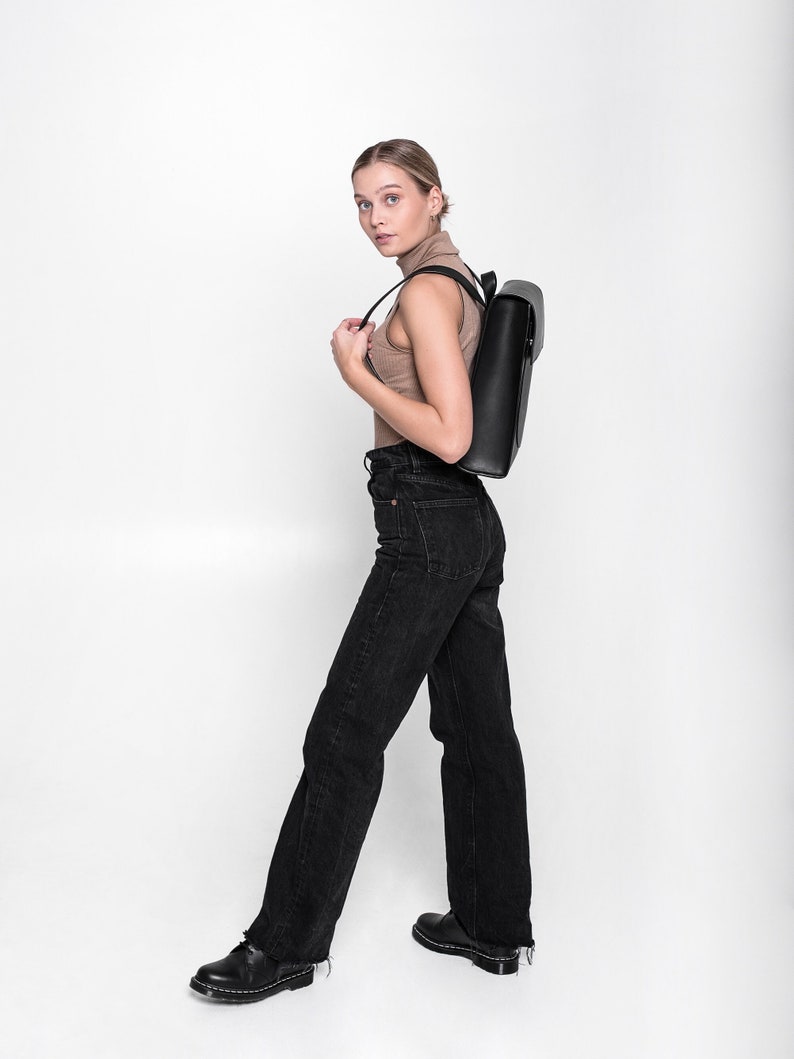 Black leather backpack Black traveler bag Minimalist style backpack Black leather shoulder bag Handmade backpack image 2