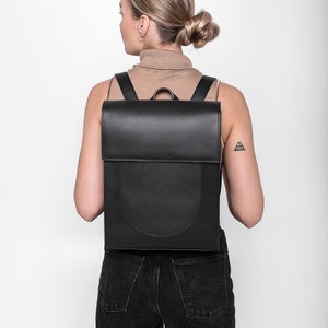 Black leather backpack Black traveler bag Minimalist style backpack Black leather shoulder bag Handmade backpack image 1