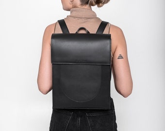 Black leather backpack | Black traveler bag | Minimalist style backpack | Black leather shoulder bag  | Handmade backpack