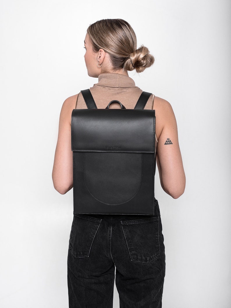 Black leather backpack Black traveler bag Minimalist style backpack Black leather shoulder bag Handmade backpack image 1