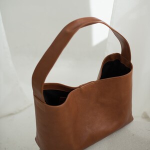 Brown leather handbag Tan brown work bag Minimalist style handbag for women Natural leather shoulder bag Christmas present idea image 2