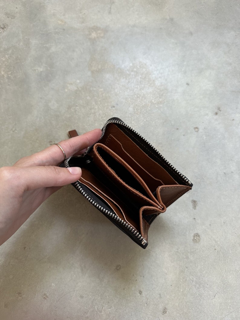 brown natural leather wallet with zipper, small leather for coins and cards, hand-crafted, inside view