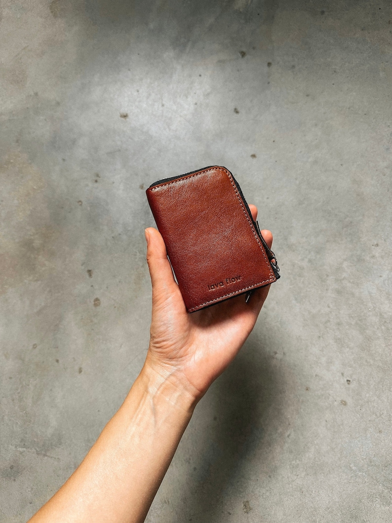 brown natural leather wallet with zipper, small leather for coins and cards, hand-crafted