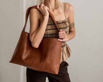 Handmade Cognac Brown Leather Shoulder Bag: Office Tote