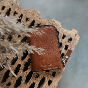 brown natural leather wallet with zipper, small leather for coins and cards, hand-crafted