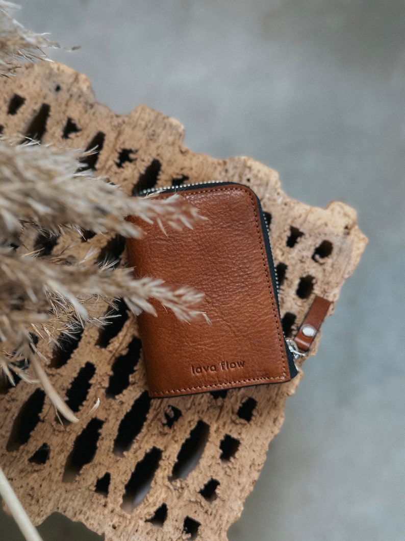 brown natural leather wallet with zipper, small leather for coins and cards, hand-crafted