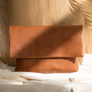 tan brown natural leather clutch, medium size pouch