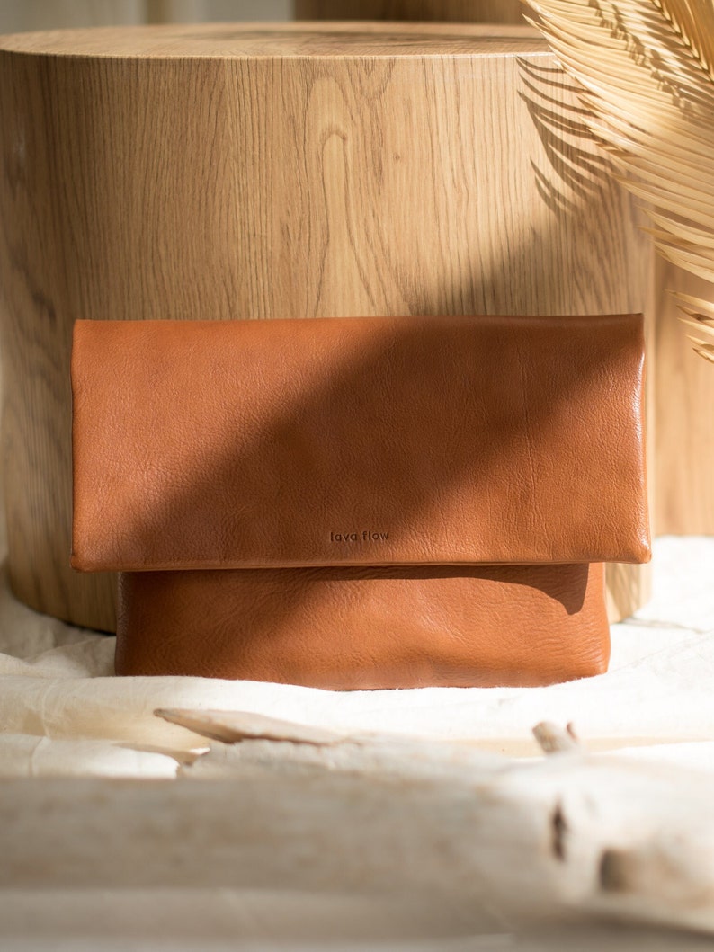 tan brown natural leather clutch, medium size pouch