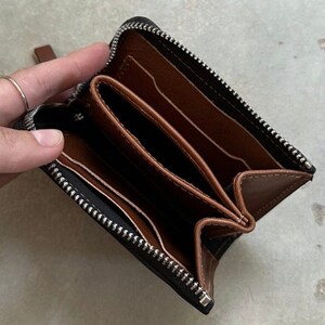 brown natural leather wallet with zipper, small leather for coins and cards, hand-crafted, inside view