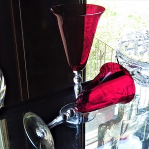 Cambridge Ruby Red 3035 / 3111 Water Goblet Wine Glass Pair of Antique Wine Goblets