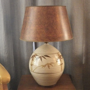 Tiki Style Lamp, Hand Thrown Studio Pottery, Bamboo Glazed Table Lamp, Vintage Ceramic Lighting, Stiffel Shade