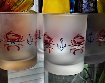 Culver Limited Sailor Crabs and Anchors Double Old Fashioned Glasses Set of Four Frosted Barware Free Shipping