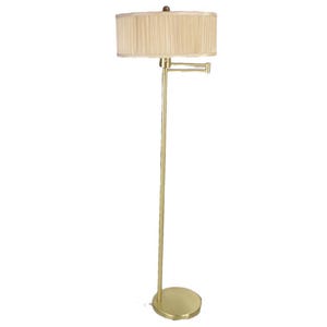 May include: A gold floor lamp with a white fabric shade. The lamp has a long, adjustable arm that can be moved to direct the light.