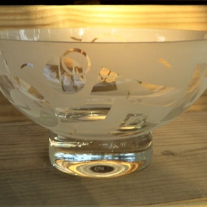 Etched Art Glass Bowl 1990s Geometric Memphis Group 9 Inch Pedestal Bowl