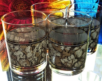 1990s Culver Marbleized Double Old Fashioned Glasses Set of Four Vintage Post Modern Whiskey Glasses Vintage Bar Ware Mint