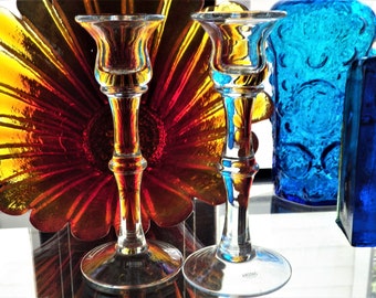 Krosno Crystal Candle Sticks Pair of 1980s 7 inch Candle Holders