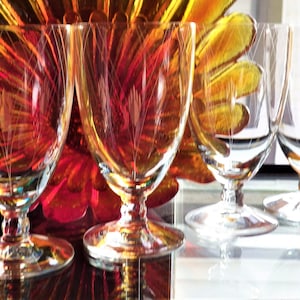 Calici da tè freddo Fostoria Heraldry Tumbler con piede Art Deco Barware Set di quattro bicchieri dal taglio aerodinamico