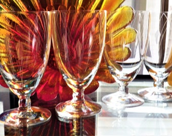 Fostoria Heraldry Iced Tea Goblets Footed Tumblers Art Deco Barware Streamlined Cut Glassware Set of four