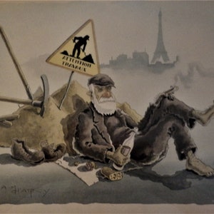 Andre Marie D&#39;Arcy Paris 1960s Print Eiffel Tower &quot;Clochards de Paris&quot; &quot;Attention Travaux&quot; Hand Colored Tramps of Paris Free Shipping