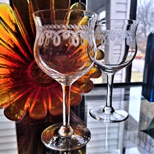 Morgantown Needled Etched Wine Glasses Pair of Pre-War Tulip Shaped Geometric Etched Stems Stem #7992, Etch #197