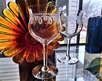 Morgantown Needled Etched Wine Glasses Pair of Pre-War Tulip Shaped Geometric Etched Stems Stem #7992, Etch #197