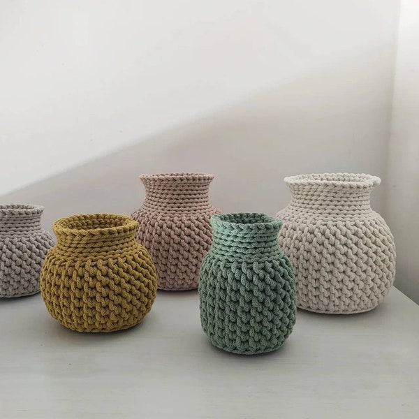 Crochet cotton vase for boho livingroom, decorative flower glass nordic home, scandinavian apartment decor, unique basket, bohemian vessel