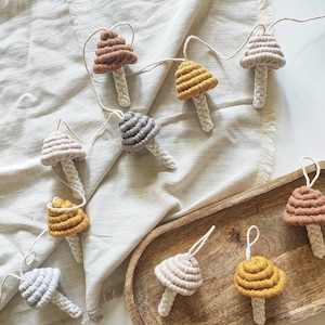 Macrame mushroom decoration, christmastree ornament, fall hanging decor, autumn home accent, forest kidsroom accesorries, nature lovers