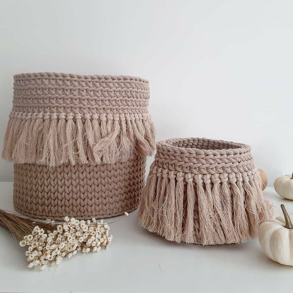 Coffre à jouets Boho, panier fait main au crochet en coton avec franges, récipient de rangement, décor bohème à pompons, décoration confortable pour la maison, cadeau pour un ami