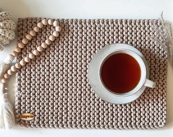 Rectangular knitted table mat , scandic home decor, scandi kitchen and living room placemat, scandiboho coaster, dining room accessories