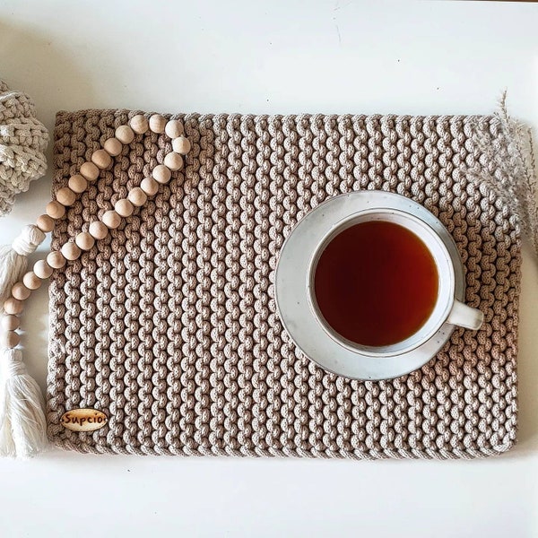 Rectangular knitted table mat , scandic home decor, scandi kitchen and living room placemat, scandiboho coaster, dining room accessories