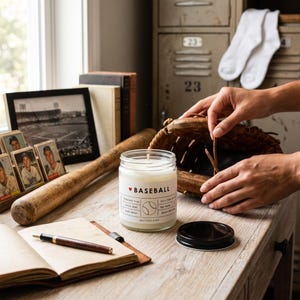 May include: A clear glass candle jar with a white label featuring a red heart, the text BASEBALL, a baseball graphic, and the text BEST DAY EVER. The candle is filled with white wax and has a black metal lid resting on the wooden surface nearby.