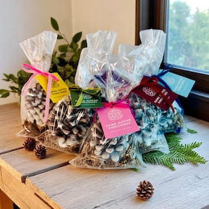 Puede incluir: Varias bolsas transparentes de celofán llenas de piñas sumergidas a mano, cada una atada con una cinta de colores y una etiqueta. Las piñas tienen puntas blancas y descansan sobre un lecho de material marrón. Las etiquetas dicen "Hand Dipped Pinecones".