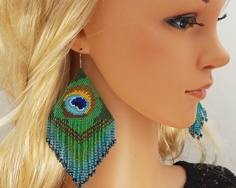 Paon oversize statement boucles d’oreilles Peacock plume boho perlées boucles d’oreilles uniques designer artisanaux Big large stylish bird earrings