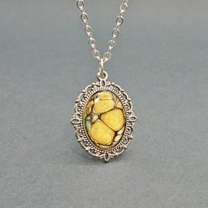 Hand-Painted Silver Pendant: Boho Yellow Artisan Necklace