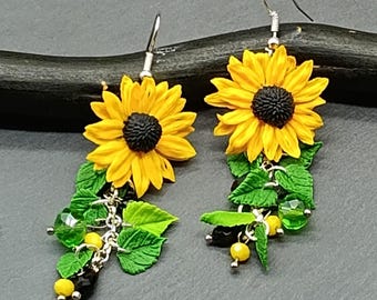 Handmade Sunflower Dangle Earrings: Polymer Clay Floral Jewelry