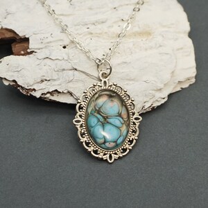 Hand Painted Filigree Pendant - Boho Necklace Blue Shades - Silver Color Oval Pendant