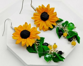Sunflower Dangle Earrings | Yellow Flower Earrings for Summer Outfits | Handmade Clay Jewelry for Garden Party or Nature Lovers