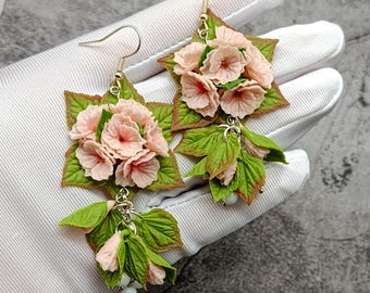 Pink Hydrangea Earrings – Floral Dangle Jewelry – Romantic Flower Drop Design – Pastel Botanical Statement