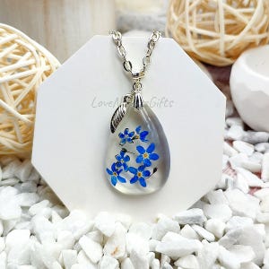 Handmade Resin Flower Necklace: Tiny Blue Forget-Me-Nots, Silver Chain