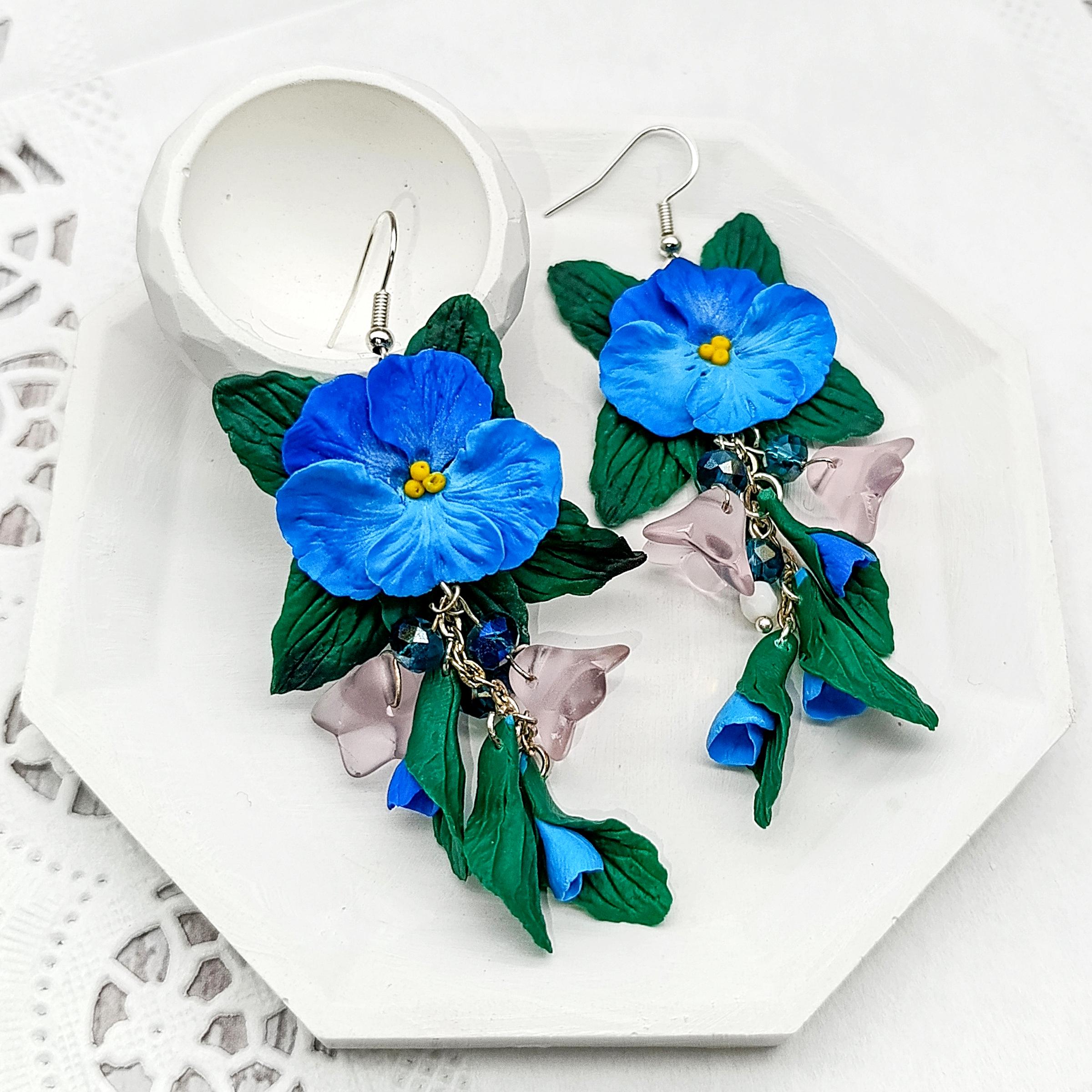 Blue Pansy Dangle Earrings | Handmade Floral Jewelry | Polymer Clay Flowers with Beads | Botanical Drop Earrings