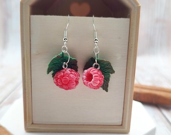 Realistic Raspberry Earrings, Handmade Dangle Jewelry, Polymer Clay Berries with Leaves